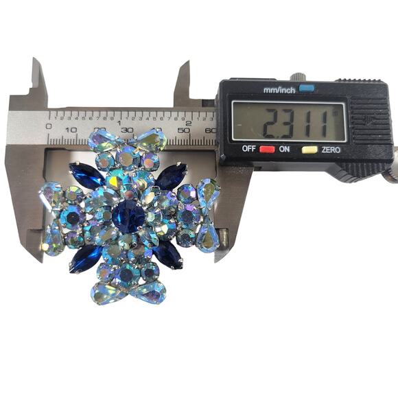 Aurora Borealis Rhinestone Brooch Pin Blue Hues Large  2.31” Sparkle AB Glam - Picture 4 of 9